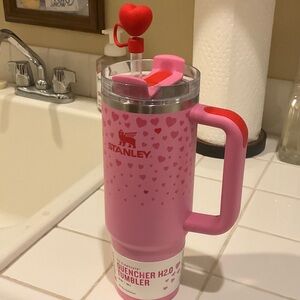 New, Stanley Pink Heart-Patterned Tumbler with Red Straw Topper